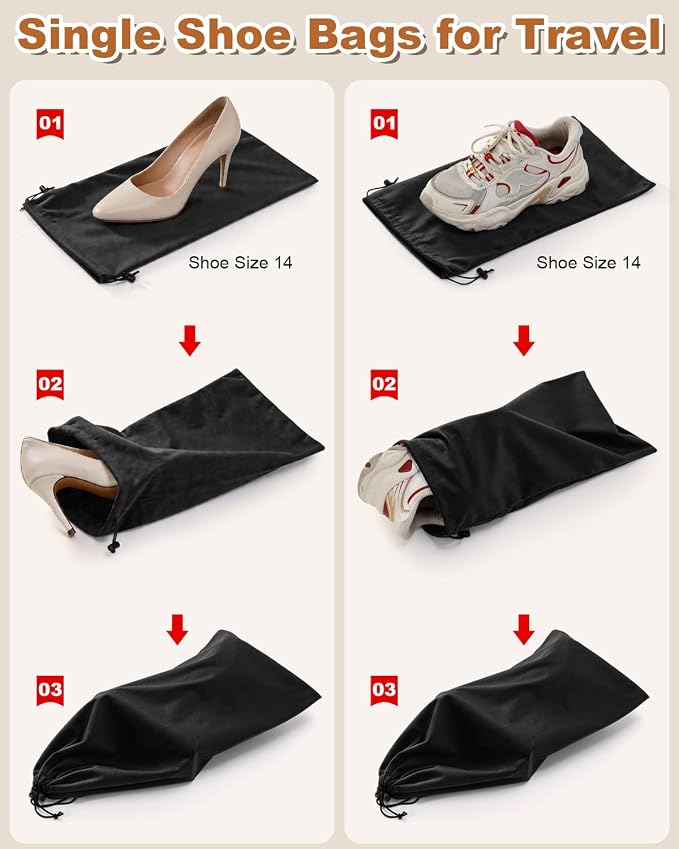 6 Pcs Single Shoe Bags for Travel, Velvet Bag, Black Beauty, 17.3x8.6 Inch | Washable & Reusable Travel Shoe Bags, Dustproof Shoe Bags with Drawstring Closure, Suitable for Travel, Home Storage