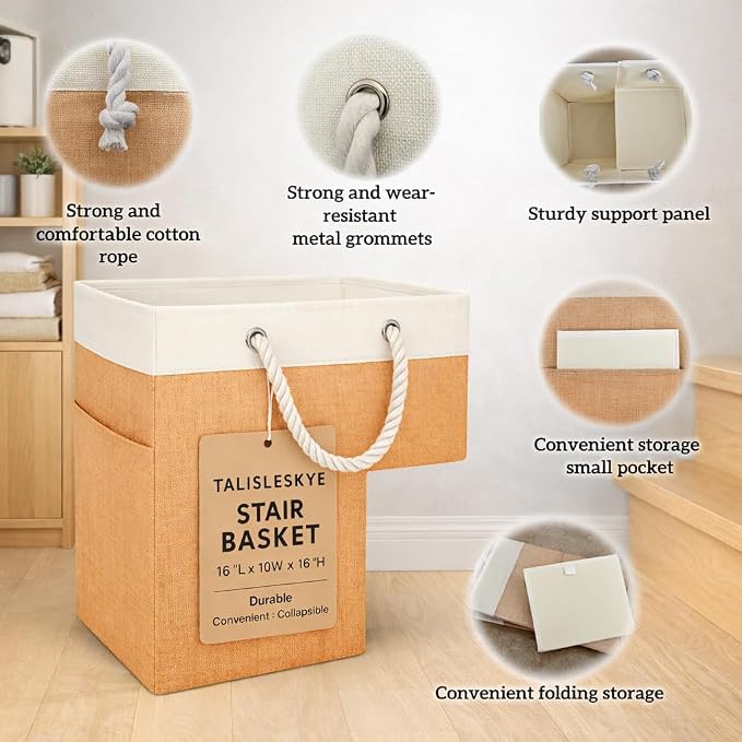 Stair basket,Foldable staircase baskets,Step stairs storage baskets with handle,1pcs apricot