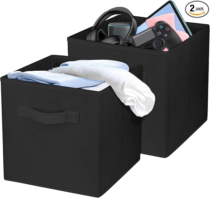 2 Pcs Storage Cubes, 10.5 Inch Collapsible Storage Bins, Fabric Foldable Bins for Organization, Durable Storage Bins for Closet, Shelves, Offices (Black)