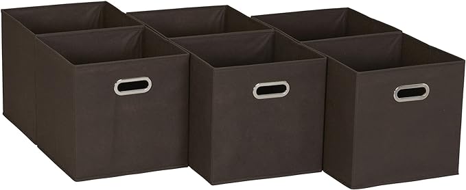 Household Essentials Foldable Fabric Storage Cubes 6-Pack – 11x11x11 Stackable Non-Woven Bins with Chipboard Sides & Grommet Handles – Closet, Shelf, Nursery, or Office Organizer – Chocolate Brown