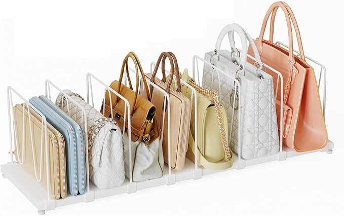Dmevkic Extendable Purse Organizers Purse Storage. Length 15-27inch. Bag Organizer Purse Holder for Closet with 8 Adjustable Shelf Dividers（White）