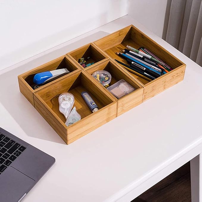 Lawei Set of 5 Bamboo Drawer Organizer Boxes, Desk Storage Box Kit, Drawer Storage Containers Tray Bins for Office, Kitchen, Bedroom, Children Room, Craft, Sewing