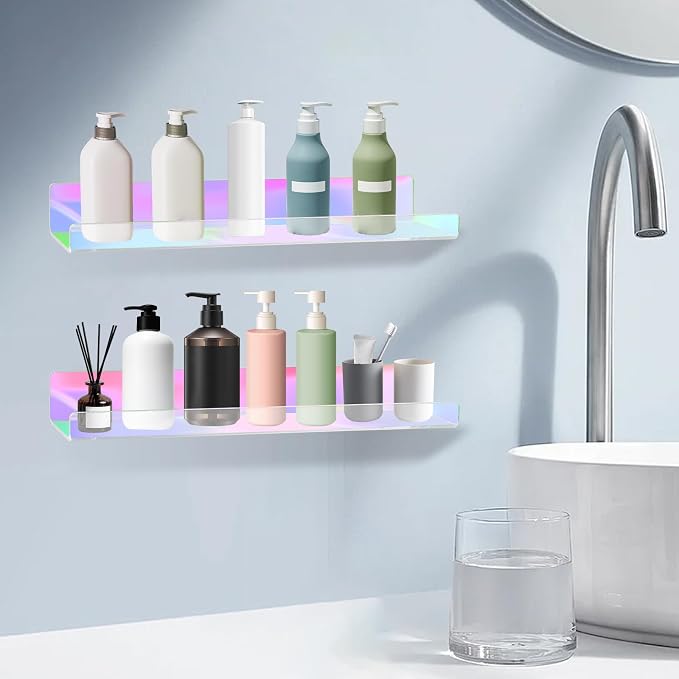 Dezzer 4 Pack Acrylic Shelves for Wall, 15" Acrylic Floating Shelves for Bathroom Bedroom, Invisible Bookshelf Wall Ledge Storage Shelf Books Perfume Toys Action Figure Display Shelves, Iridescent