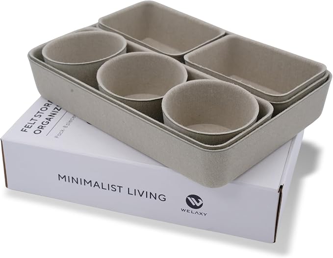 Welaxy Office Desk Drawer Organizers Trays Felt Shallow organizing Box Draw dividers for Office Supplies Scarves Socks Multi-purposed Organize 8-Piece (Stone)