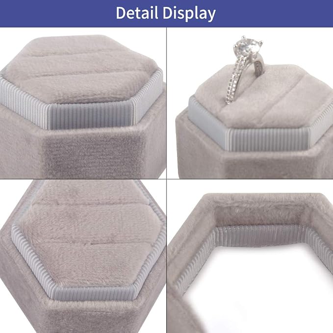 DesignSter Velvet Ring Box Hexagon - Premium Gorgeous Vintage Double Ring Display Holder with Detachable Lid for Proposal, Engagement, Wedding, Ceremony (Gray)