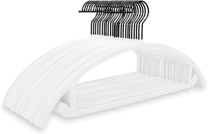 MIZGI Premium Velvet Hangers 50 Pack Heavyduty- Non Slip No Shoulder Bump Suit Hanger - Black Hooks,Space Saving Clothes Rounded Shape for Coat,Sweater,Jackets,Pants