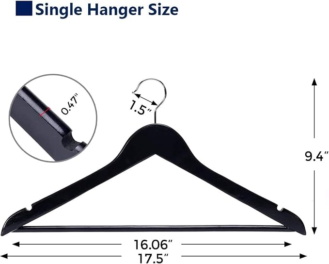 JS Hanger Wooden Coat Hangers, 20 Pack High Grade Wood Suit Hangers with Non Slip Pant Bar - Extra Smooth and Splinter Free Black Finish Wooden Suit Hangers for Closet Organization