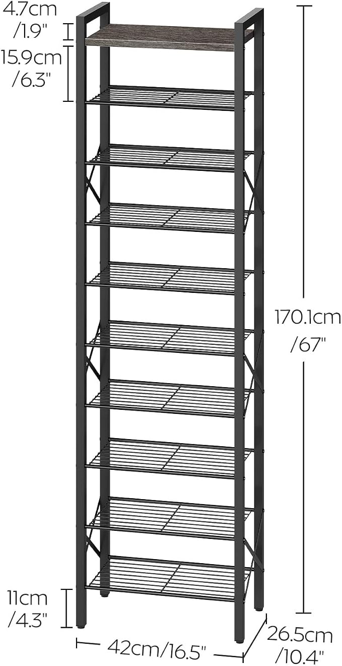 YATINEY 10-Tier Narrow Shoe Rack, Tall Shoe Rack for 10-20 Pairs, Slim Shoe Storage Organizer with Wooden Top, Space Saving, Metal Frame, for Entryway, Charcoal and Black SS68BC