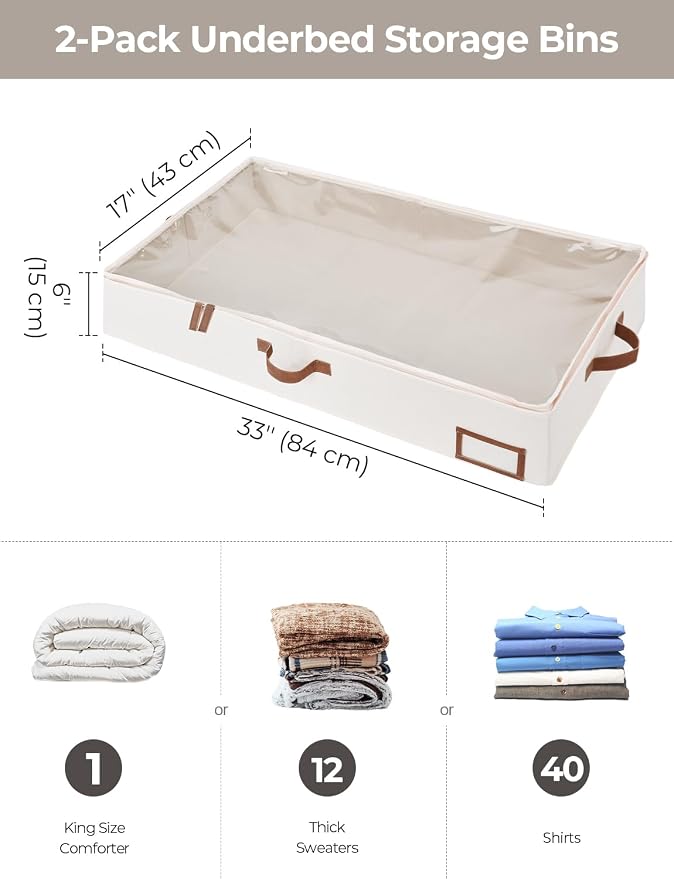 StorageWorks Large Under Bed Storage Containers with Handles and Label Holder, 2 Pack Ultra-thick Fabric Underbed Bins, Closet Organizer for Clothes, Blankets, Sweater