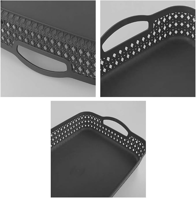 6 Packs Large Plastic Storage Basket Tray with Handle, Shallow Paper Storage Basket, Gray