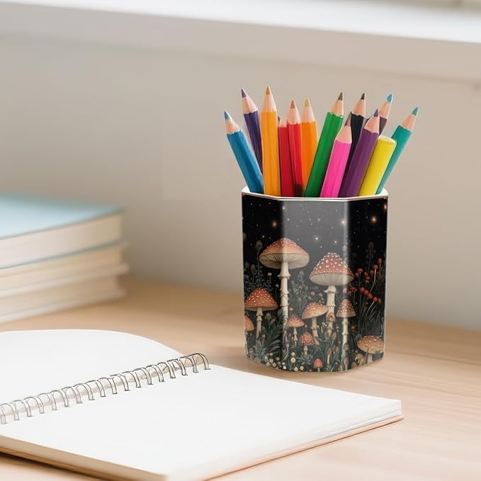 Ceramic Mushroom Pen Holder for Desk Cute Stand Gold Pencil Cup Pot Desk Organizer Makeup Brush Holder for Girls, Women, Unique Stationery for Office, Home, Colorful