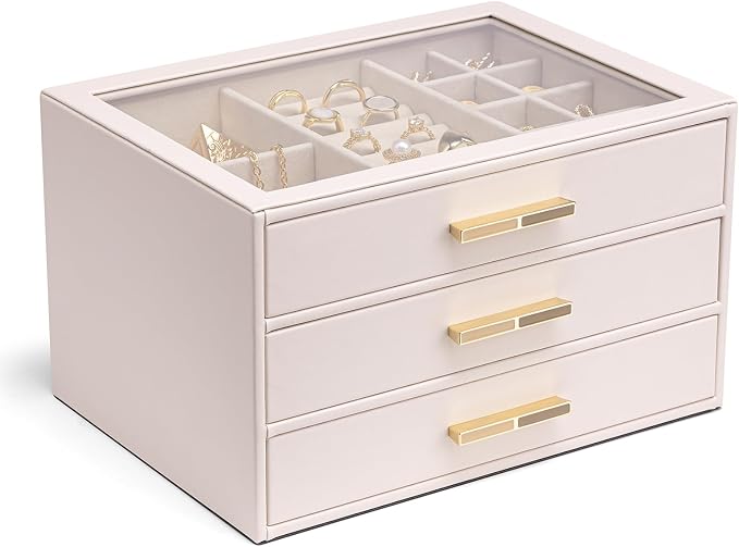 VLANDO 3-Drawer Jewelry Box with Glass Lid, Faux Leather Organizer for Rings Earrings Necklaces and More, Gift-Ready Jewelry Case for Women Girls or Moms, Pink Beige