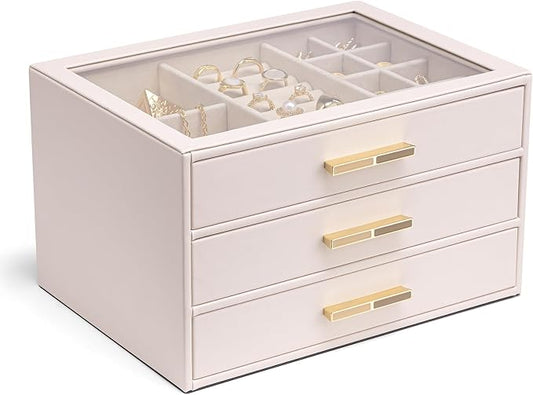 VLANDO 3-Drawer Jewelry Box with Glass Lid, Faux Leather Organizer for Rings Earrings Necklaces and More, Gift-Ready Jewelry Case for Women Girls or Moms, Pink Beige