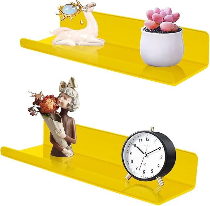 ROYALITA 2-Pack Small Acrylic Shelves Wall Mounted, 12 in Display Shelves | for Small Items, Plants, Room Decor Floating Wall Shelves for Gaming Room, Bedroom, Living Room, Office, Yellow