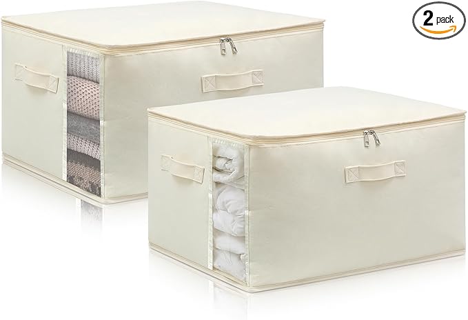 Canvas Comforters Bags Closet Organizers and Storage for Quilts Clothes Organization Containers Bins with Sturdy Zipper, Clear Window 75L for Sweaters Blankets Storage Bedroom Collapsible 2Pack