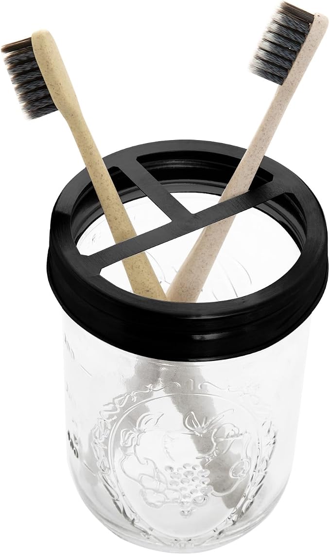 2Pcs Mason Jar Toothbrush Holder 16oz Glass with Rustproof Stainless Steel - Farmhouse Décor Bathroom Toothbrush Holder（Black）