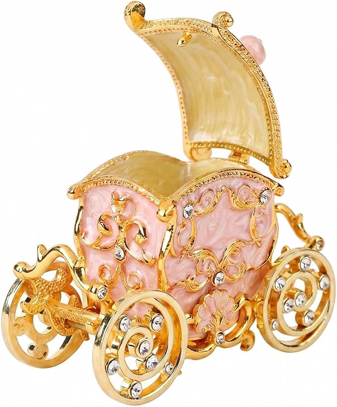 Retro Carriage Jewelry Trinket Box Enamel Ring Hold Boxes Hand-Painted Vintage Ornaments Craft Gift for Women Girls (Pink)