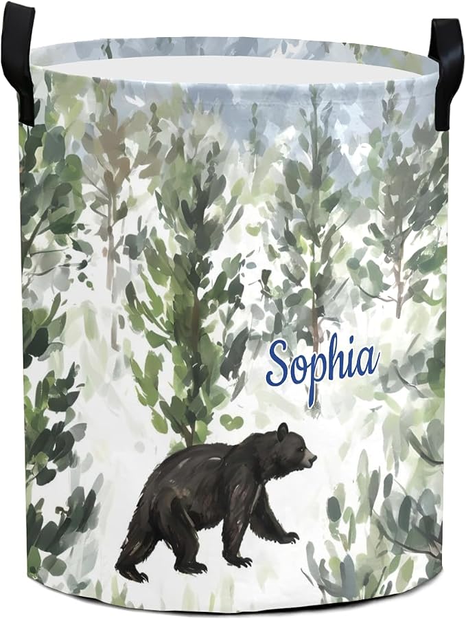 Laundry Basket Forest Bear Custom Name Laundry Bag Hamper Collapsible Oxford Cloth Home Storage Bin with Handles