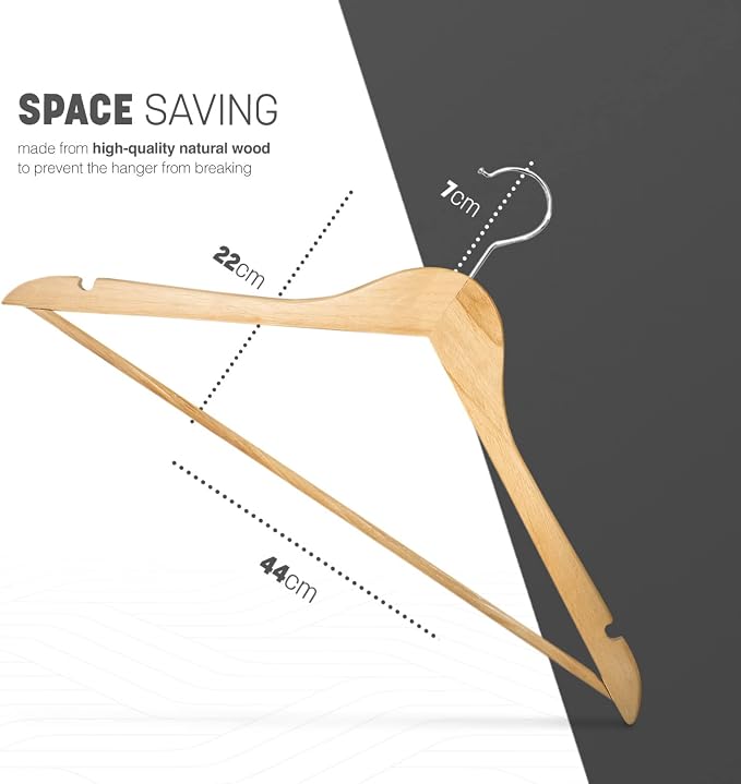 KEPLIN Strong Walnut Wood Wooden Coat Hangers with 360 Degree Rotatory Hook & Round Trouser Bar & Shoulder Notches - Durable Wardrobe Space Saver - Suitable for Coat, Jacket, Suit, Jumper (30 Pack)