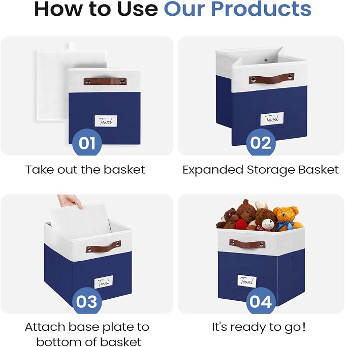FinishingBo 6-Pack Storage Cubes with Handles & Label Holders Basket, Closet Cube Home Organizer Bins(White/Blue, 10.5 * 10.5 * 11 inch)