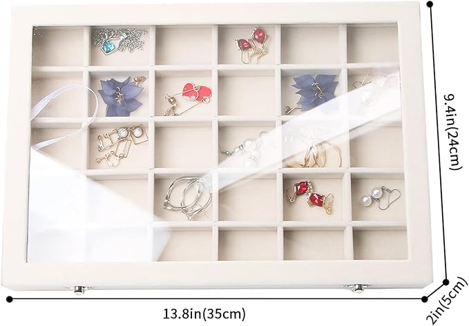 Stratalife Jewelry Organizer Jewelry Tray with See-through Lid 24 Grids Earring Display Showcase Large Velvet Storage Box for Earring Necklace Rings Dice Beige