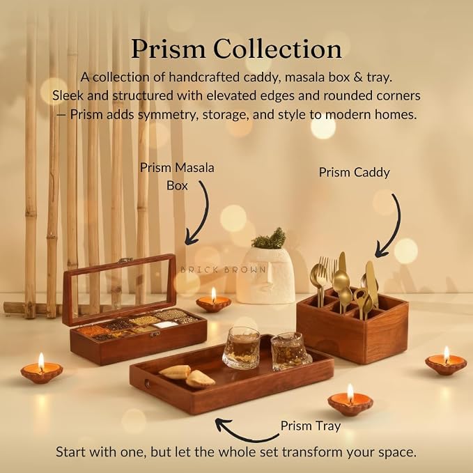 Brick Brown Premium Handcrafted Wooden Spoon stand for kitchen | cutlery holder for dining table | wooden caddy storage organiser stand with 5 section Mahogany Finish(8.75x6x4.5 inch)