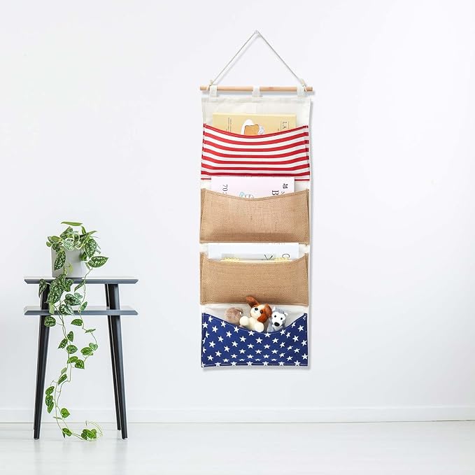 Juexica Fish Extender 32.3 x 13.2 Inch Hanging Pockets 4 Pocket Innovation Storage Bag Hanging Organizer Linen Cotton Wall Storage Bag for Cruise Cabin Door Closet Gifts(1 Pcs)