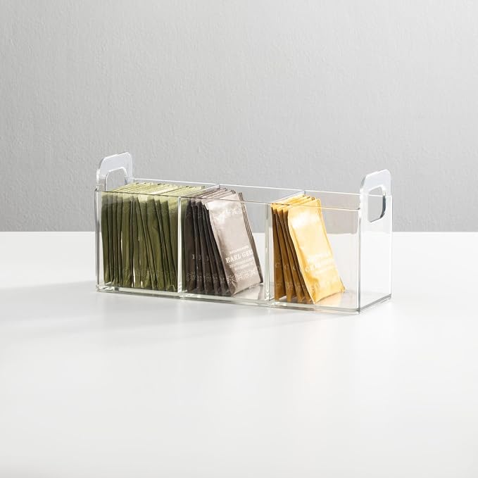 mDesign Plastic Condiment Organizer and Tea Bag Holder - 3-Compartment Kitchen Pantry/Countertop Storage Caddy - Divided Chip, Snack, Oatmeal Packet Holder - Lumiere Collection - 2 Pack, Clear