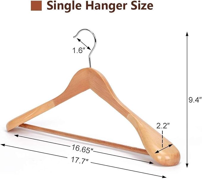 JS HANGER Wooden Suit Hangers - 6 Pack - Wood Coat Hangers,Jacket Outerwear Shirt Hangers,Glossy Finish with Extra-Wide Shoulder, 360 Degree Swivel Hooks & Anti-Slip Bar, Natural