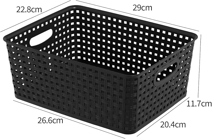 Morcte Plastic Weave Shelf Basket, 4-Pack Plastic Baskets Organizer, Black