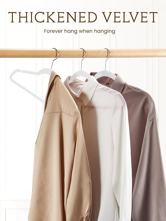 White Velvet Hangers 70 Pack, Non Slip Felt Slim Hangers for Space Saving | 360° Silver Hooks; Shoulder Notches; Heavy Duty for Coats, Suits, Dresses, Shirts, Jackets and Pants for Closet Organizer