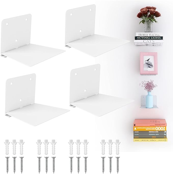 Fentec Invisible Floating Bookshelf, Wall Mounted Floating Bookshelves Heavy-Duty Book Organizers Hidden Book Shelf Metal Shelves Holder for Books Storage Bedroom Living Room Home Office, 4-Pack White