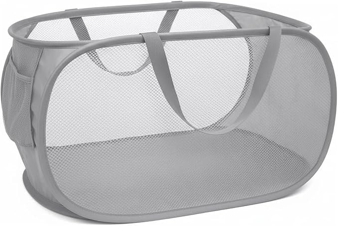 Pop Up Laundry Hamper,Collapsible Horizontal Baskets with Handles & Side Pocket,Foldable Sturdy mesh for Laundry Room,Bathroom,Kids Room,College Dorm or Travel (Grey)