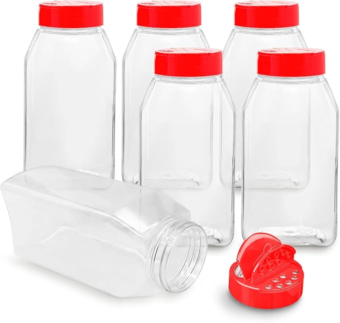 Plastic Spice Jars Bottle Containers with Red Cap, 32 Oz, 6 Pack | Clear Safe Plastic Bottle Containers with Shaker Lids, Lined Cap, PET Material, BPA-Free, Perfect for Herbs & Spices