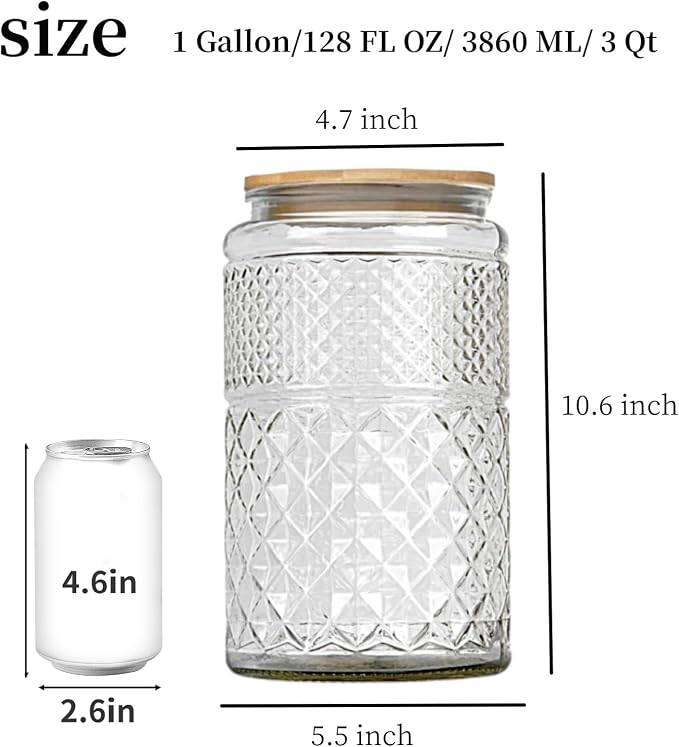 Prettidecor 1 Gallon Large Airtight Glass Storage Jars with Bamboo Lid, Kitchen Pantry Bathroom Laundry Room Organizer Canisters for Flour, Sugar, Cookie, Pasta, Rice, Snack, Coffee Bean, Cereal