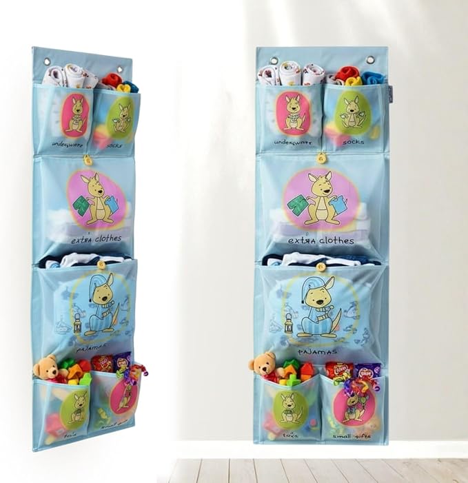 Cool-Stuff Kids Hanging Clothes Organizer – Over The Door Storage for Pajamas, Toys, Socks – Wall Mount Closet Organizer for Toddler, Preschool, Kindergarten – Water-Resistant, Blue, 44x14.5