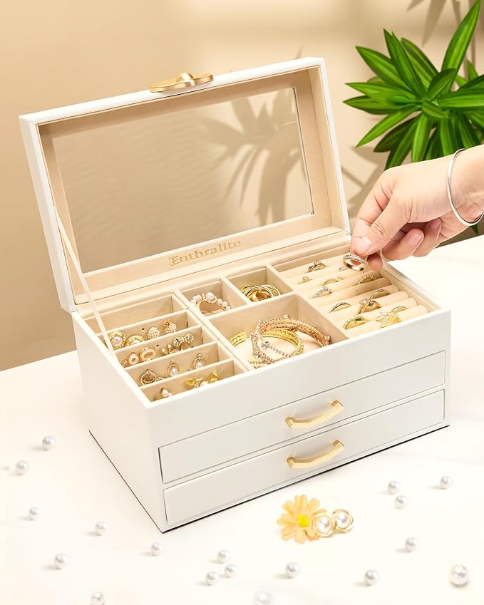 Enthralite Jewelry Box with 2 Drawers: Display Organizer for Earrings Necklaces - Gift for Girls Women (White) | Space-Saving Design for Elegant Vanity Order - Storage for Ring Earring Necklace Bracelet - Suits Women Who Value Style