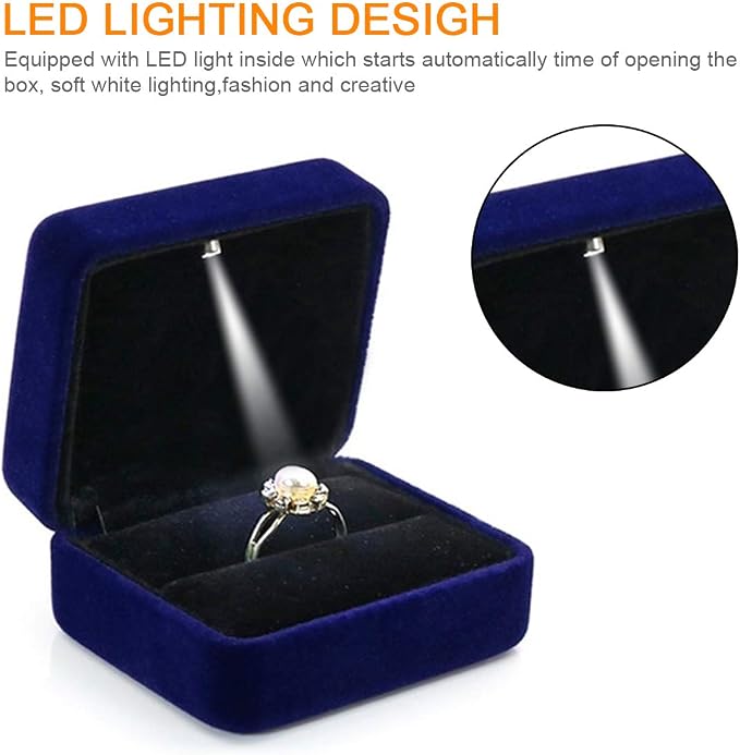 Single Slot Velvet Ring Box for Engagement or Wedding with LED Light - Blue