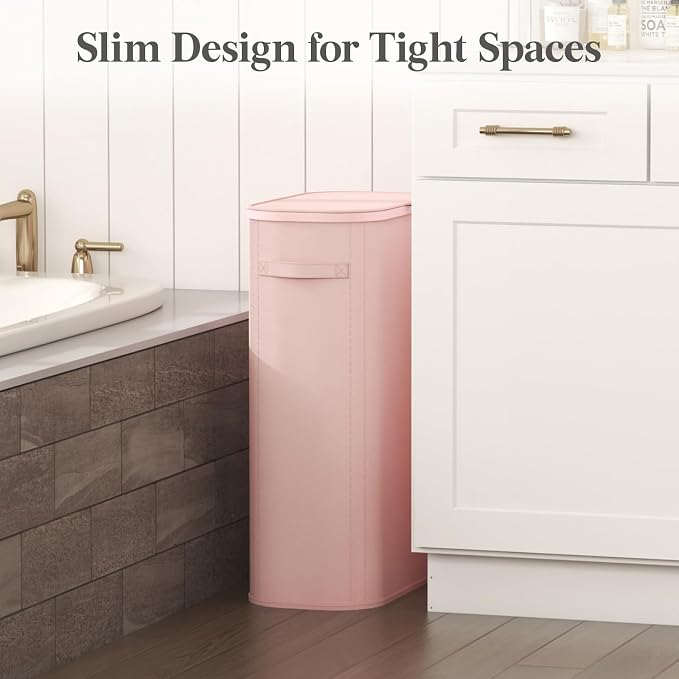 Lifewit Slim Laundry Basket with Lid, Narrow Large Laundry Hamper with Plastic Handles and Removable Bag, Tall Foldable Dirty Clothes Hampers for Laundry Room, Bedroom, Bathroom, Dorm, 65L Pink