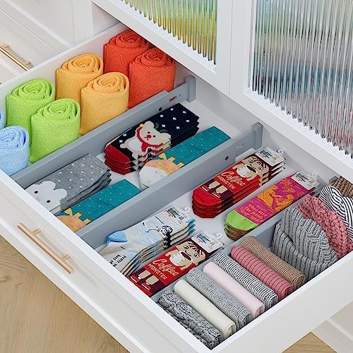 Bamboo Kitchen Drawer Divider 4 Pack,17-22" Adjustable Utensil Drawer Organizer for Dresser Bathroom Bedroom,Grey