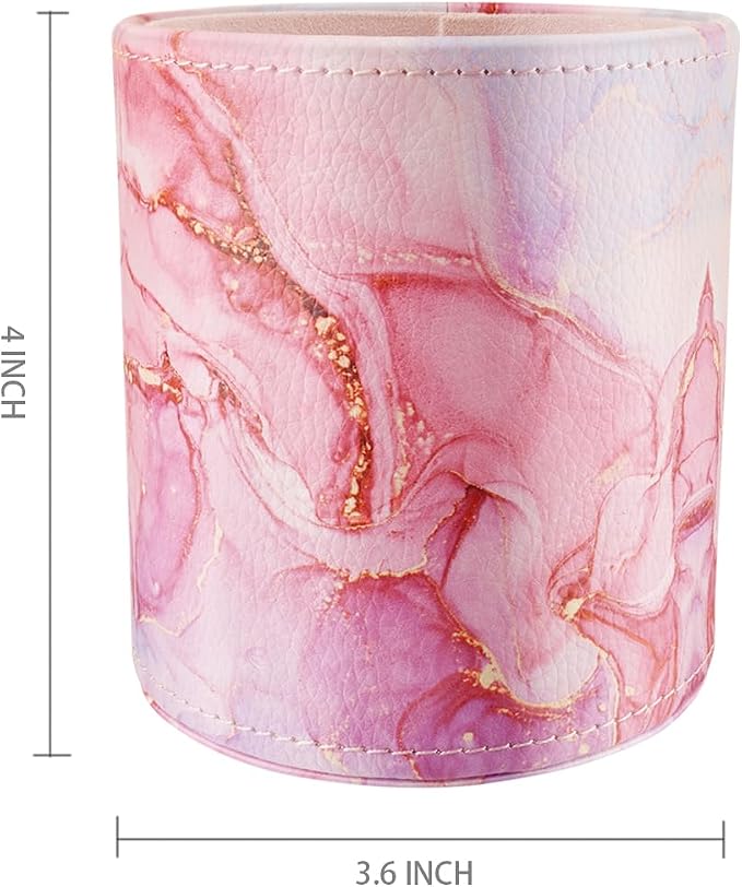 Pen Holder for Women Girls, Pencil Cup Pink Desk Decor, Makeup Brush Holder Large Pu Leather Multi-Functional Organizer Cup for Office, Classroom, Home, Red Marble