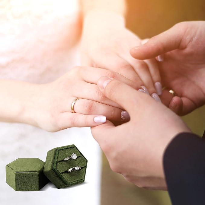 DesignSter Velvet Jewelry Ring Box,2 Slots Jewelry Ring Gift Box Vintage Ring Display Holder with Detachable Lid for Proposal, Engagement, Wedding, Ceremony(Dark grass green)