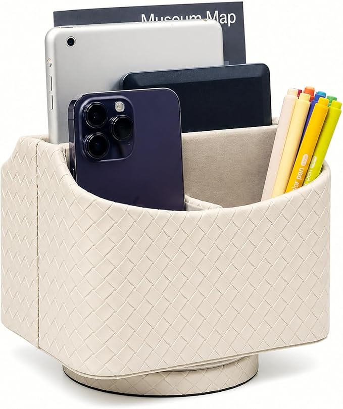 UnionBasic Rotating Desk Organizer, 360 Desk Spinning Caddy, Desktop TV Guide/Mail/Media/Remote Controller Holder Organizer, Woven Beige