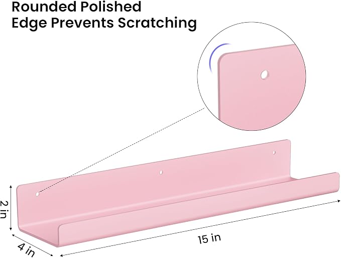 upsimples 4 Pcs 15" Acrylic Shelves for Wall Decor and Display, Pink | Cute Floating Shelf for Perfume, Skincare, Nail Polish, Wall Organizer for Bedroom, Living Room, Playroom, Room Décor