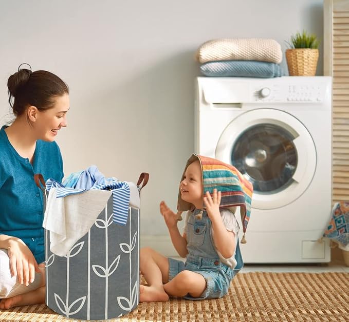 Large Storage Baskets,Waterproof Laundry Baskets,Collapsible Canvas Basket for Storage Bin for Kids Room,Toy Organizer,Home Decor,Baby Hamper (Grey leaves)