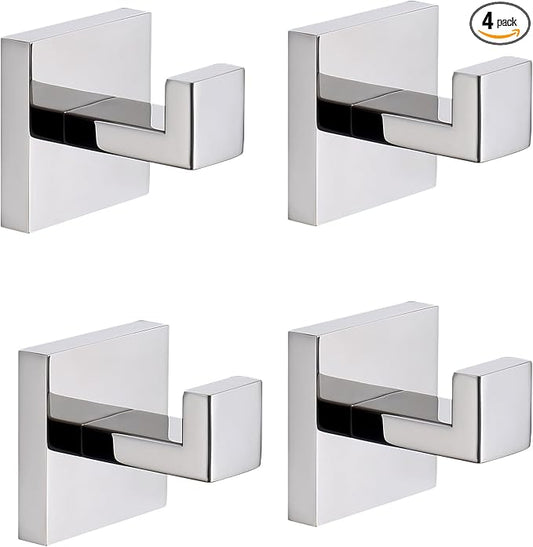 TASTOS Bath Towel Hooks Polished Chrome, 4 Pack Stainless Steel Robe Coat and Clothes Hook, Heavy Duty Wall Hook for Bathroom & Kitchen, Modern Square Style Wall Mounted