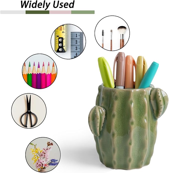 Ceramic Cactus Pen Holder, Cactus Decor Cute Pencil Holder, Makeup Brush Holder for Home, Office Desk Accessories(Light Green Cactus)