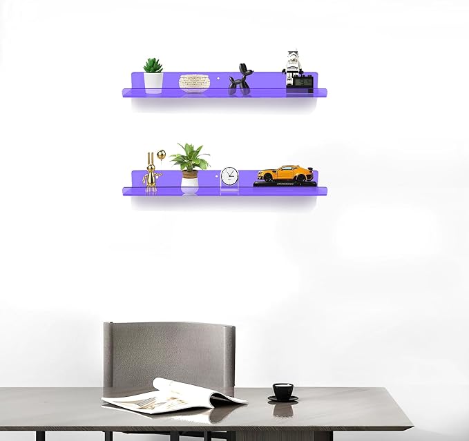 ROYALITA 2-Pack Acrylic Shelves Wall Mounted, 24 Inch Floating Shelves | for Small Items Plants Organize Wall Shelves for Gaming Room, Bedroom, Living Room, Office, Purple