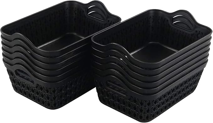 12-Pack Mini Plastic Storage Basket Trays with Handle, Black