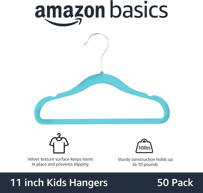 Amazon Basics Kids Space Saving Velvet Non-Slip Clothes Hangers with Shoulder Notches for Infant and Toddler, 11.6", Blue, 50-Pack